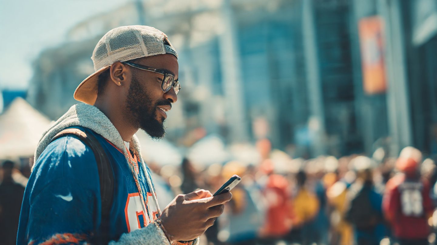 Traveler outside an NFL stadium scanning mobile tickets on phone, energetic tailgate crowd, street vendors, warm daylight, vibrant sports travel vibes, portrait orientation recommended