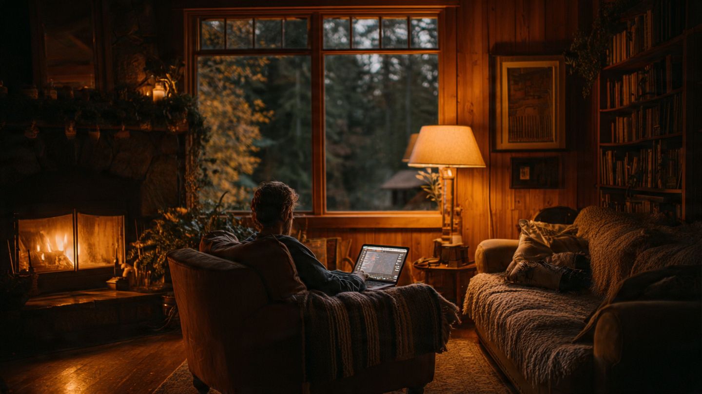 Traveler relaxing in a cozy Airbnb living room, watching a series on a laptop, warm ambiance, travel lifestyle photo for a streaming/eSIM guide