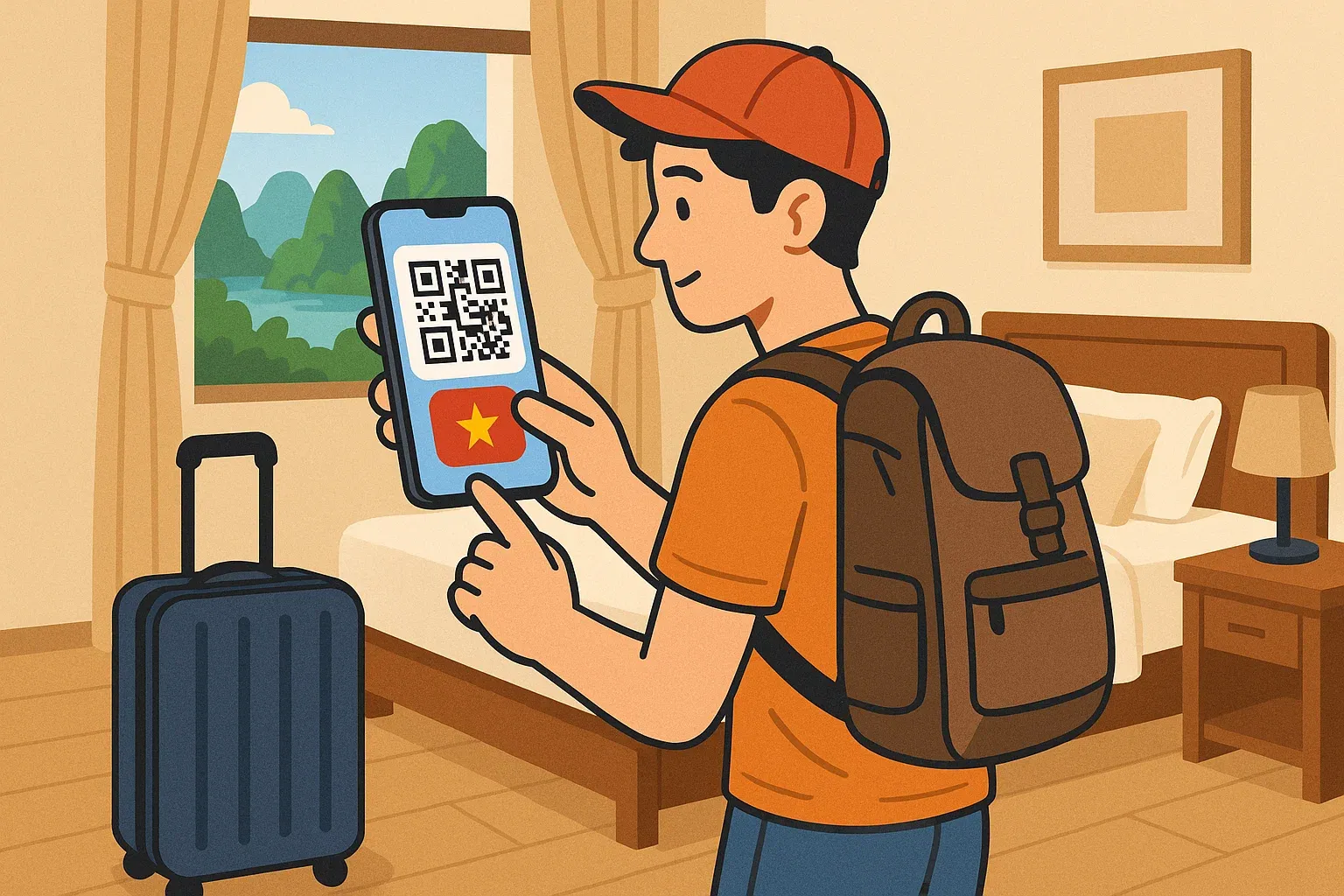 Illustration of a traveler scanning a QR code on a smartphone while packing luggage, showing simple eSIM setup before a trip.