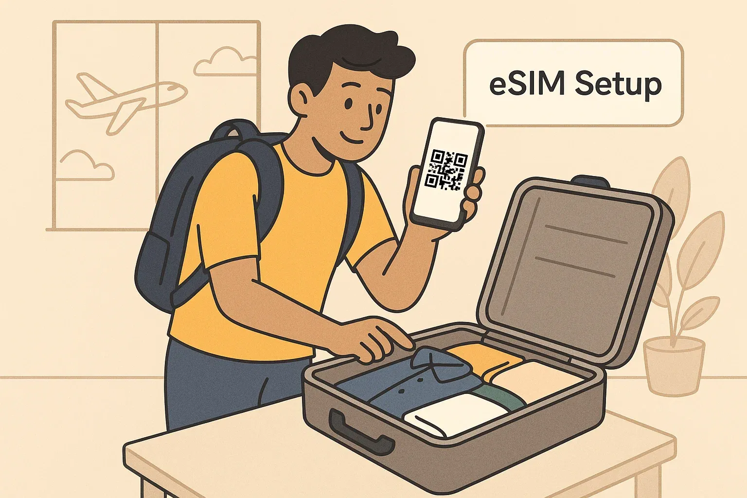 Illustration of a traveler scanning a QR code on a smartphone in a hotel room, symbolizing easy eSIM activation and digital connectivity for tourists in Vietnam.