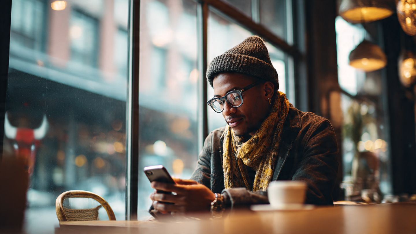 Traveler scanning a QR code eSIM at a Chicago café while watching a Bulls highlight on their phone — modern, lifestyle travel photography emphasizing convenience