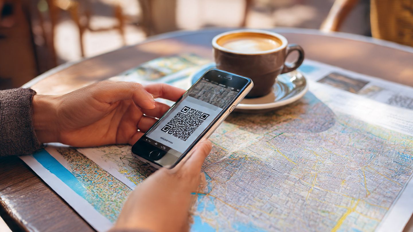 Traveler scanning a QR code to install an eSIM on a smartphone at a café in Seville, with coffee and a city map on the table — modern travel, digital convenience, lifestyle.