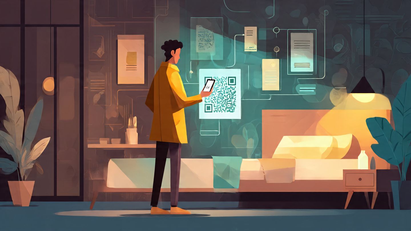 Traveler scanning an eSIM QR code in a cozy hotel room; warm lighting, educational, helpful diagram-like scene