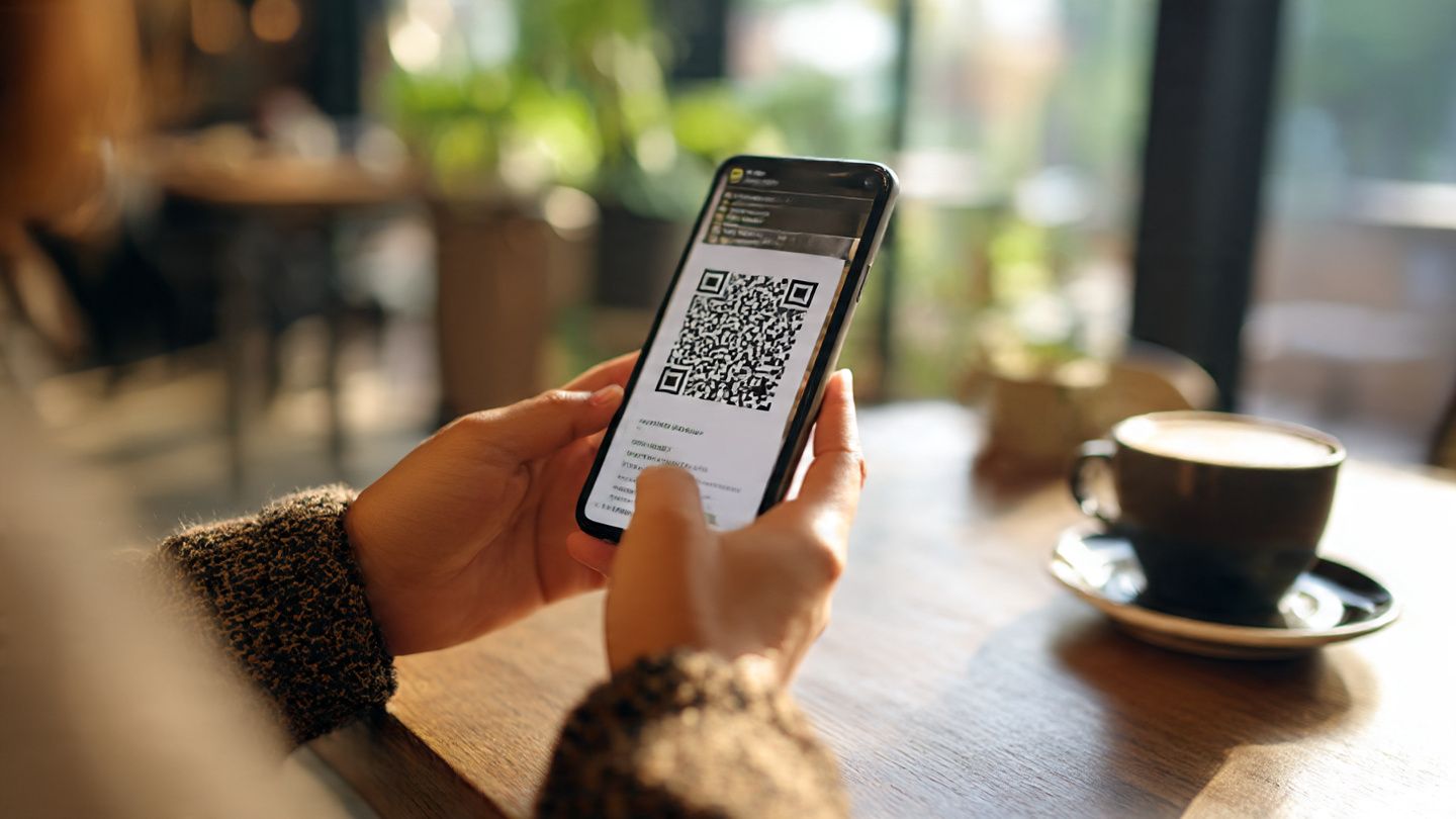 Traveler scanning QR code for eSIM on a smartphone in a café, checking MLB scores – modern, connected, casual travel setting