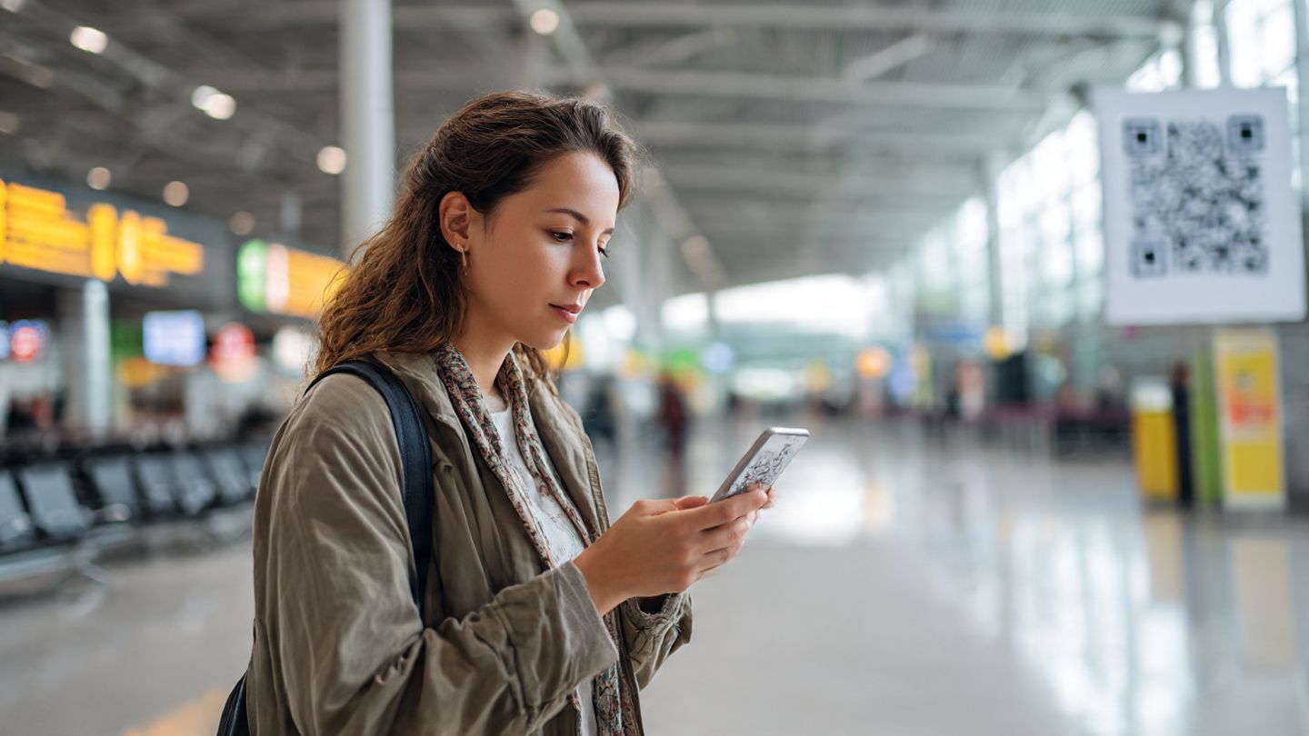 Traveler scanning QR code to activate eSIM at Istanbul Airport, bright terminal background, sense of modern digital convenience — purpose: visualize easy eSIM setup process for Turkey travelers