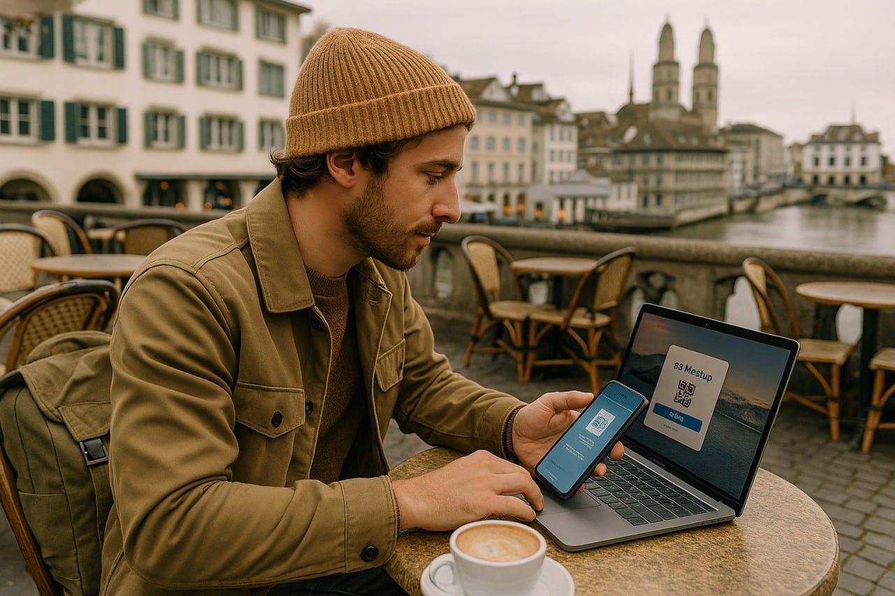 traveler sitting at Zurich café terrace with laptop and phone open to eSIM setup screen