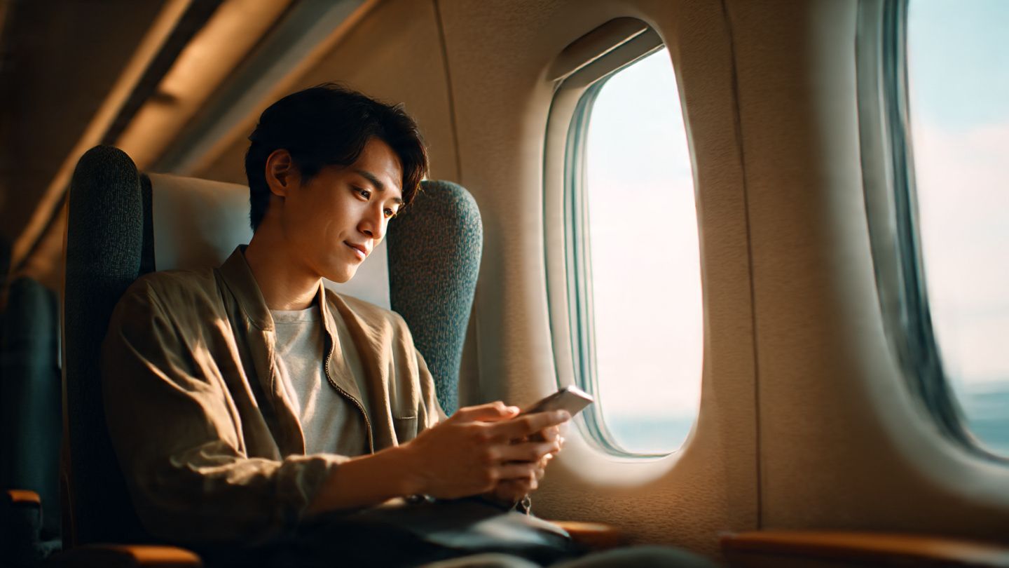 Traveler sitting in a Shinkansen train streaming a classic Japanese movie on a smartphone, soft daylight, modern yet cozy feel — focus on seamless digital experience