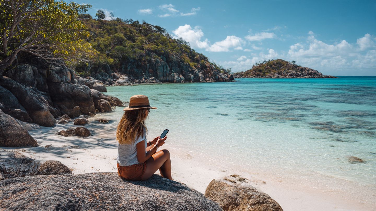 Traveler sitting on a beach on Lizard Island looking at a smartphone with reef scenery in the background, bright daylight, helpful how-to tone