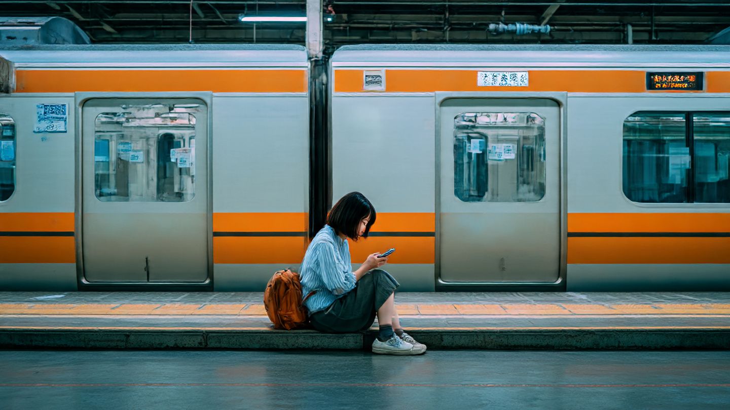 Traveler sitting on an Osaka train platform scanning an eSIM QR code on their phone; calm, clean, modern Japan travel aesthetic
