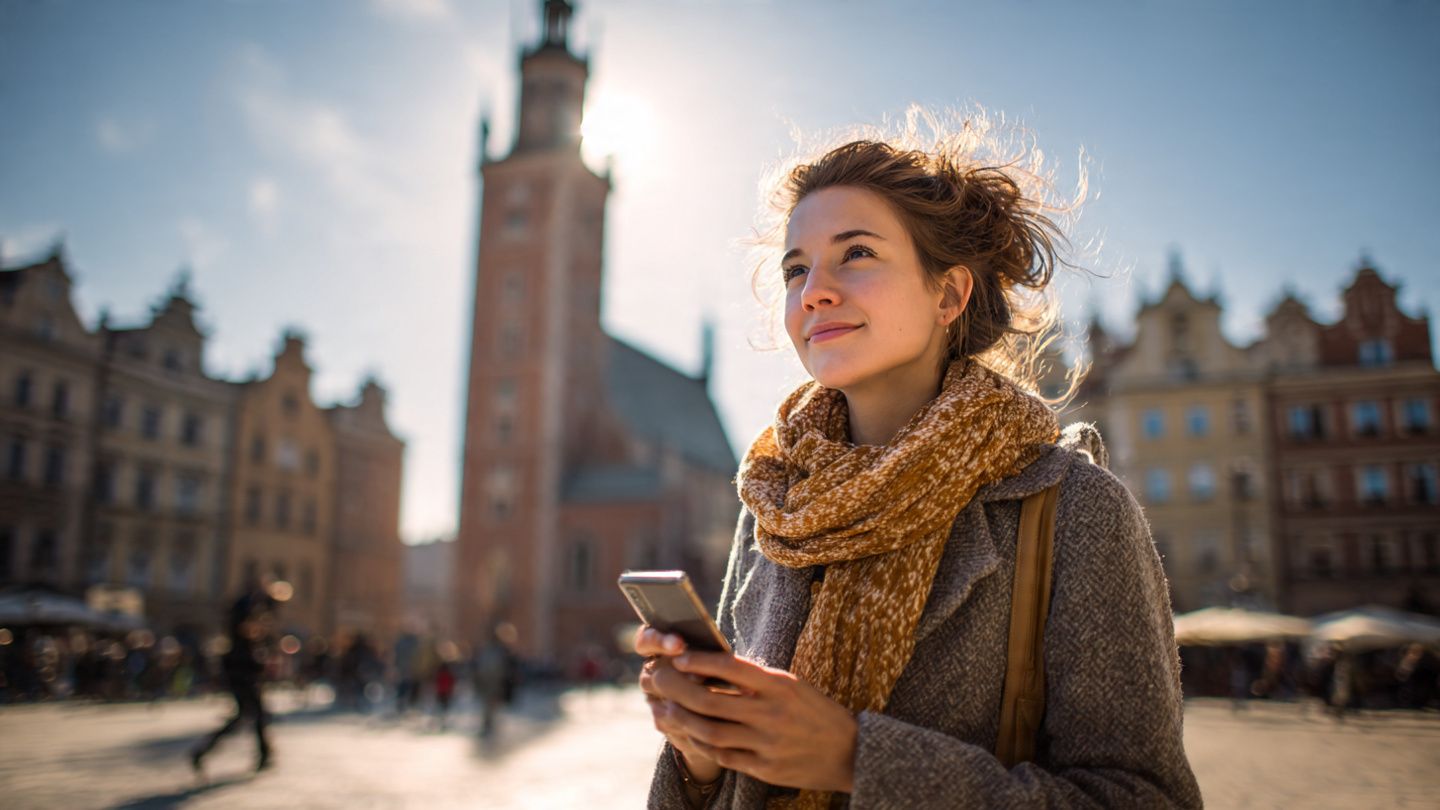 Traveler standing in Krakow’s Main Square using a smartphone for navigation; bright mid-day light, energetic travel photography style, emphasizing easy eSIM connectivity