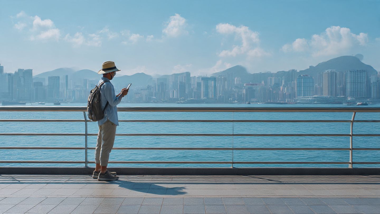 Traveler standing on Kai Tak promenade scanning an eSIM QR code on their phone; bright, modern, mobile-tech energy