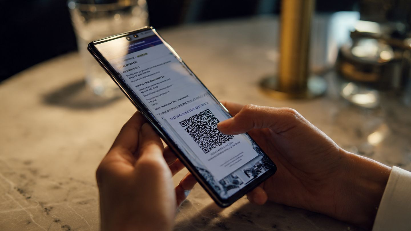 Traveler using a Nothing Phone 3a Lite at an airport lounge, scanning a QR eSIM code on the screen; documentary-style lighting, modern travel theme