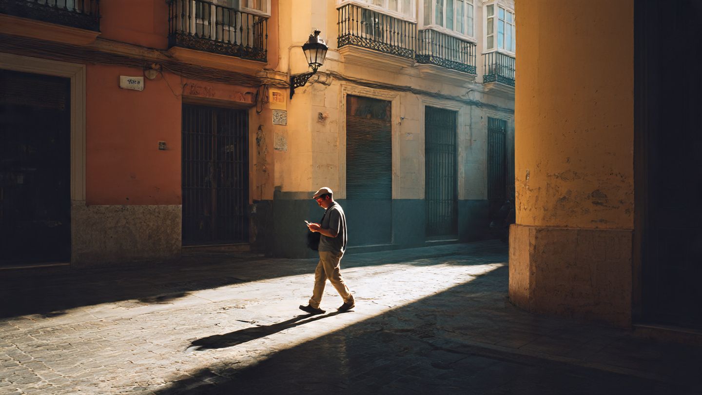 Traveler walking through Málaga’s Old Town while mapping directions on their phone; sunlit, street-photography aesthetic