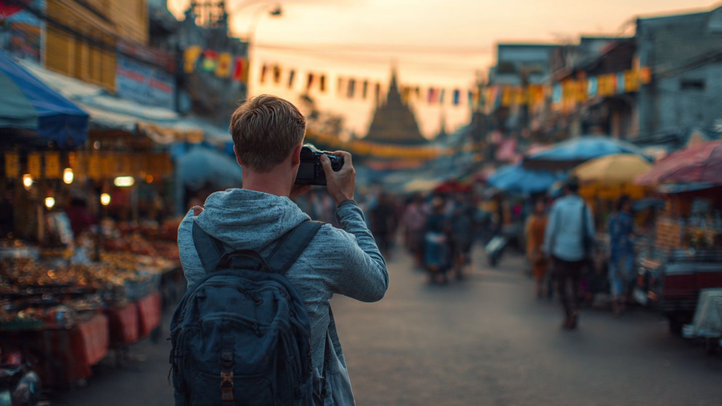 Traveler with a backpack taking a photo of temples and markets in Southeast Asia, soft golden-hour light, documentary-style travel photography