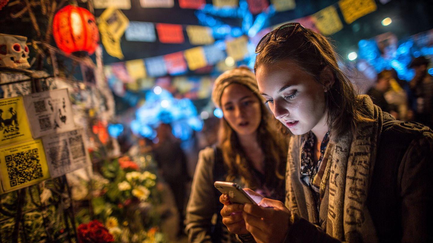 Travelers scanning QR codes on phones with Halloween decorations in background, nighttime travel photography prompt