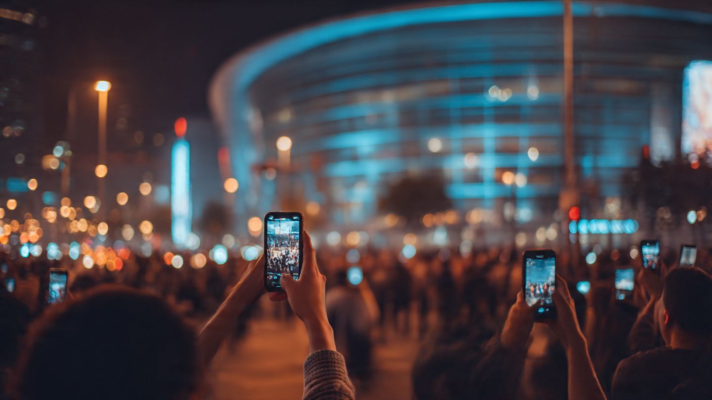 Travelers taking photos outside NBA arena at night, mobile screens glowing, modern urban vibe, travel tech theme, cinematic sports travel energy