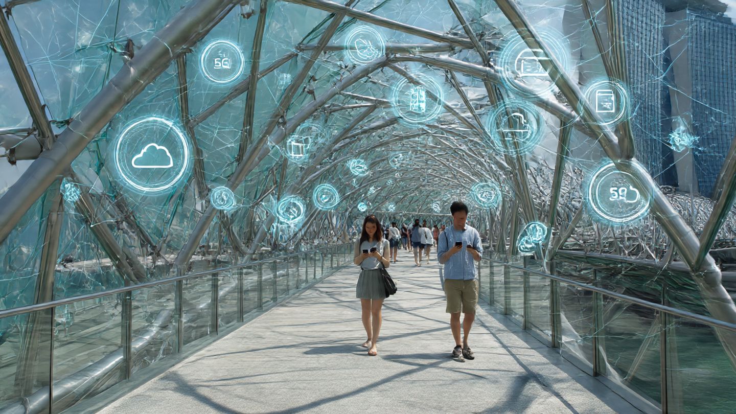 Travelers walking across Singapore’s Helix Bridge using smartphones connected via 5G eSIM technology, with holographic icons representing IoT, smart transportation, and cloud data around them; clean, modern, ultra-connected vibe.