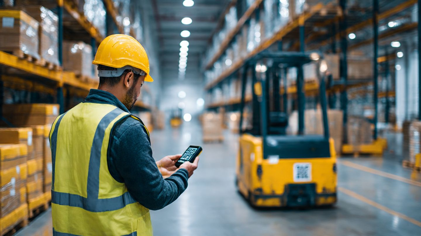 warehouse staff scanning QR code to activate IoT eSIM device on logistics equipment, clean lighting, modern industrial tone.